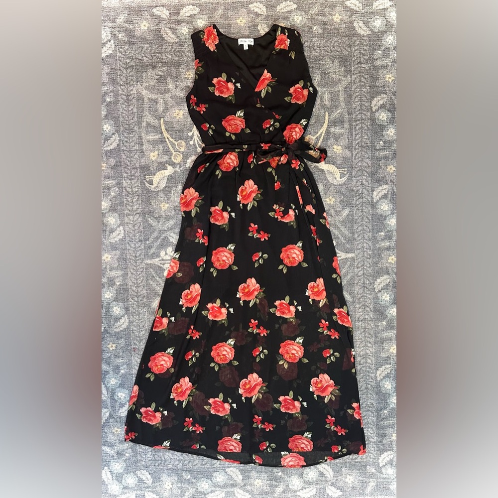 Jolie Faux Wrap Black Maxi Dress with Red Rose Pattern